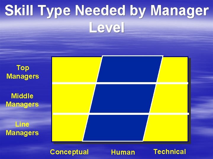 Skill Type Needed by Manager Level Top Managers Middle Managers Line Managers Conceptual Human