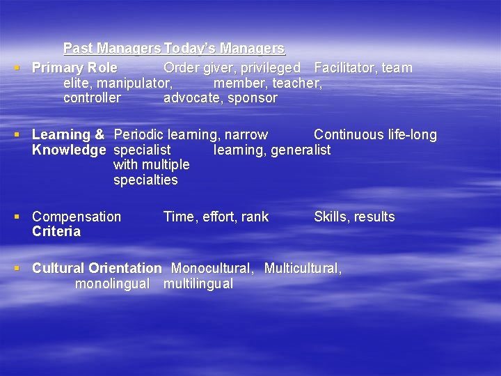 Past Managers Today’s Managers § Primary Role Order giver, privileged Facilitator, team elite, manipulator,
