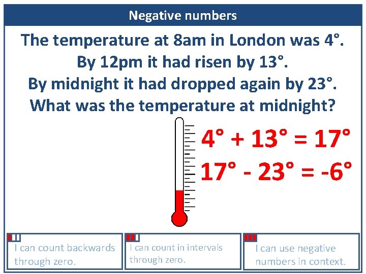 Negative numbers The temperature at 8 am in London was 4°. By 12 pm