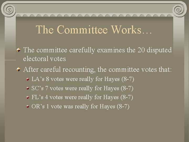 The Committee Works… The committee carefully examines the 20 disputed electoral votes After careful