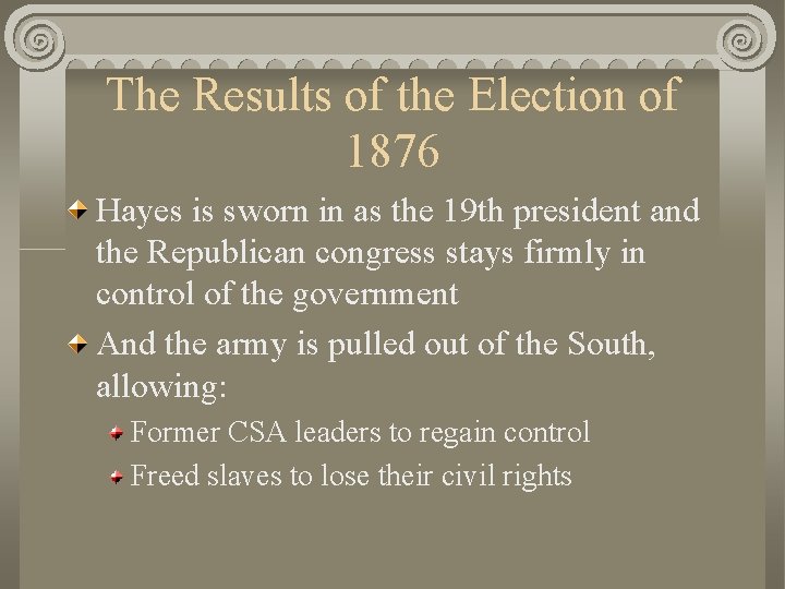 The Results of the Election of 1876 Hayes is sworn in as the 19