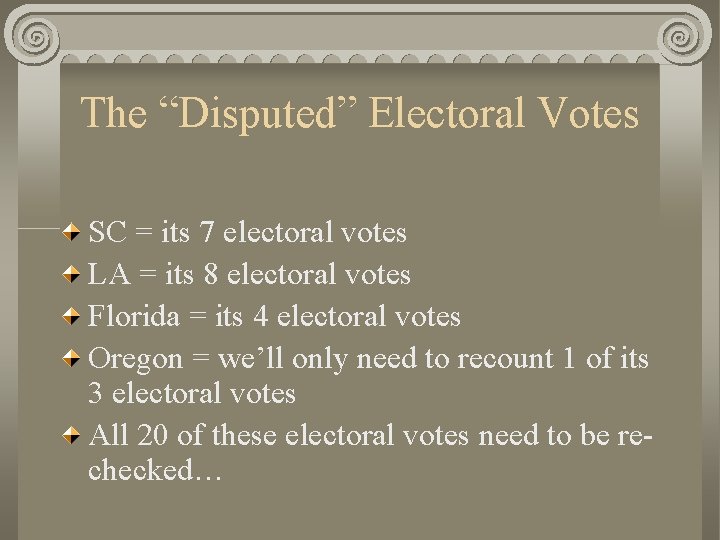 The “Disputed” Electoral Votes SC = its 7 electoral votes LA = its 8