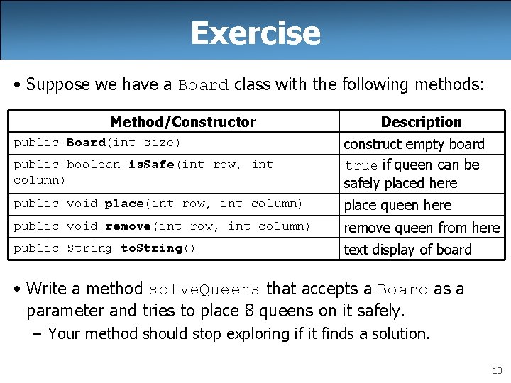 Exercise • Suppose we have a Board class with the following methods: Method/Constructor Description