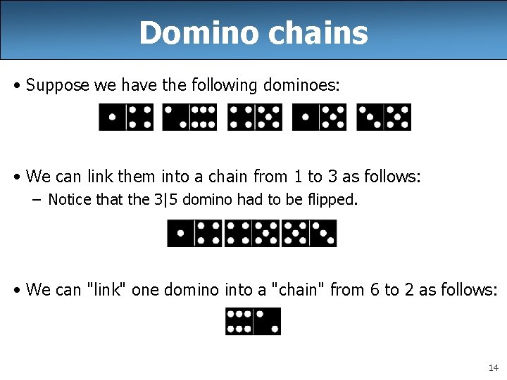 Domino chains • Suppose we have the following dominoes: • We can link them