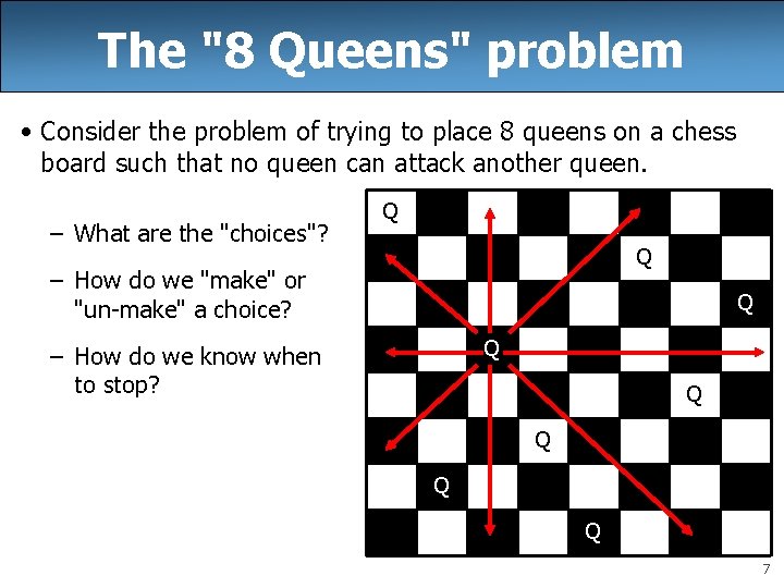 The "8 Queens" problem • Consider the problem of trying to place 8 queens