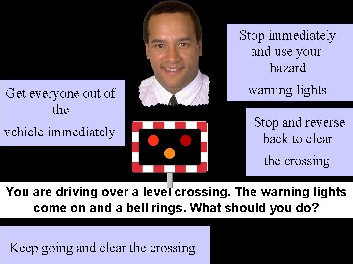 Stop immediately and use your hazard Get everyone out of the vehicle immediately warning