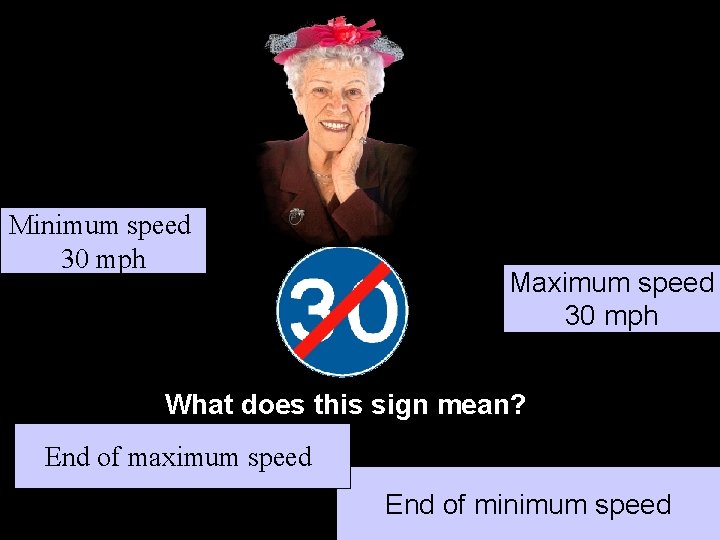 Minimum speed 30 mph Maximum speed 30 mph What does this sign mean? End