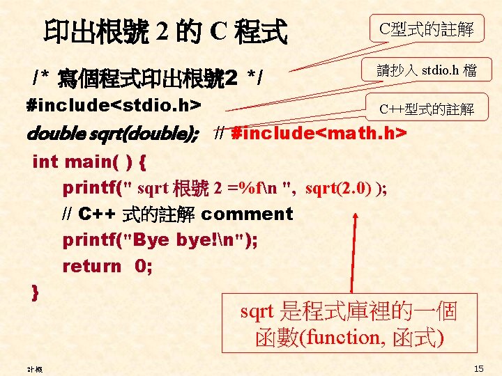 印出根號 2 的 C 程式 /* 寫個程式印出根號 2 */ #include<stdio. h> C型式的註解 請抄入 stdio.