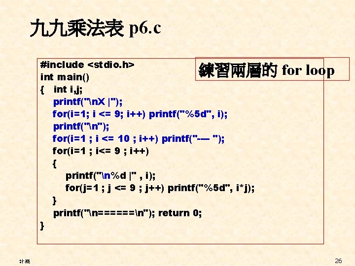 九九乘法表 p 6. c #include <stdio. h> int main() { int i, j; printf("n.