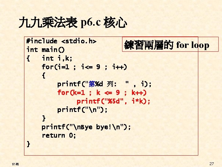 九九乘法表 p 6. c 核心 #include <stdio. h> 練習兩層的 int main() { int i,