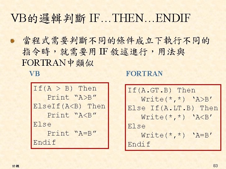 VB的邏輯判斷 IF…THEN…ENDIF 當程式需要判斷不同的條件成立下執行不同的 指令時，就需要用 IF 敘述進行，用法與 FORTRAN中類似 VB If(A > B) Then Print “A>B”