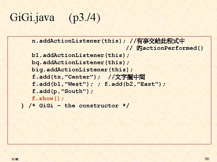 Gi. java (p 3. /4) n. add. Action. Listener(this); //有事交給此程式中 // 的action. Performed() b