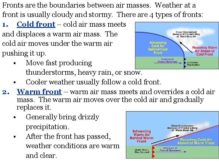 Fronts are the boundaries between air masses. Weather at a front is usually cloudy