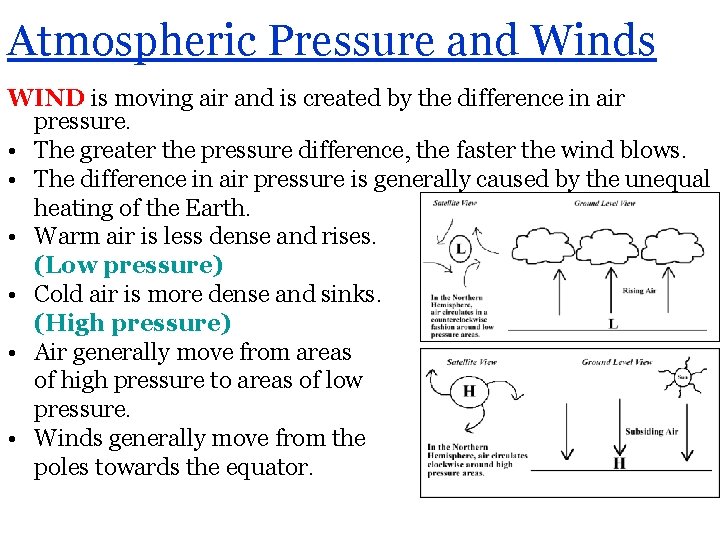 Atmospheric Pressure and Winds WIND is moving air and is created by the difference