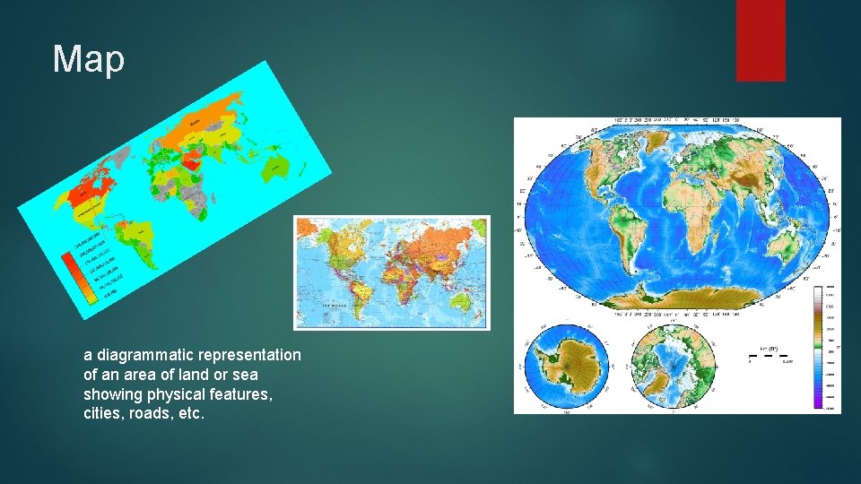 Map a diagrammatic representation of an area of land or sea showing physical features,