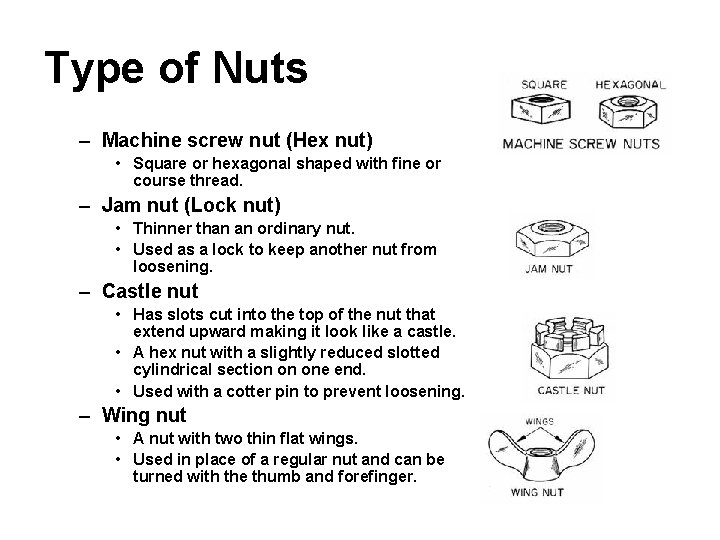 Type of Nuts – Machine screw nut (Hex nut) • Square or hexagonal shaped