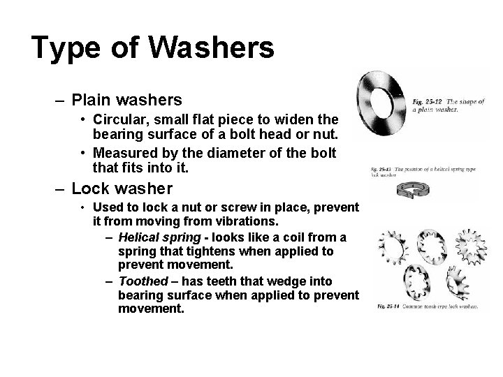 Type of Washers – Plain washers • Circular, small flat piece to widen the