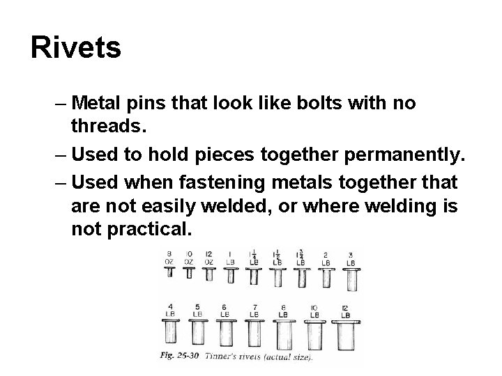 Rivets – Metal pins that look like bolts with no threads. – Used to
