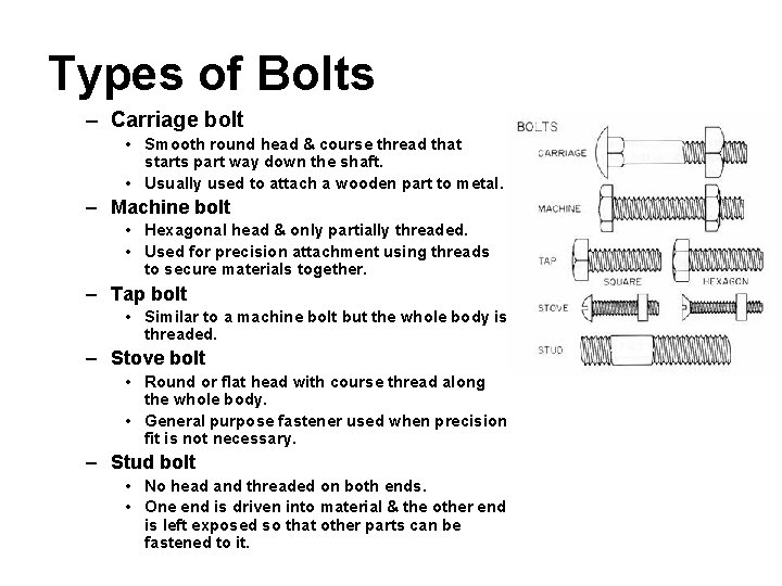 Types of Bolts – Carriage bolt • Smooth round head & course thread that