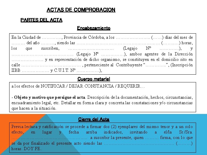 ACTAS DE COMPROBACION PARTES DEL ACTA Encabezamiento En la Ciudad de …………. , Provincia