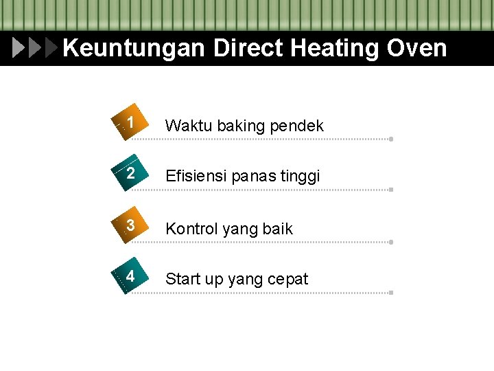 Keuntungan Direct Heating Oven 1 Waktu baking pendek 2 Efisiensi panas tinggi 3 Kontrol