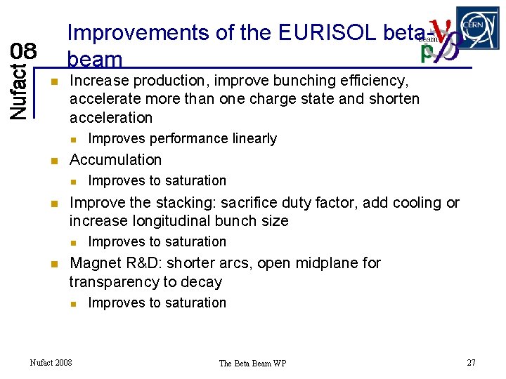 Improvements of the EURISOL betabeam n Increase production, improve bunching efficiency, accelerate more than