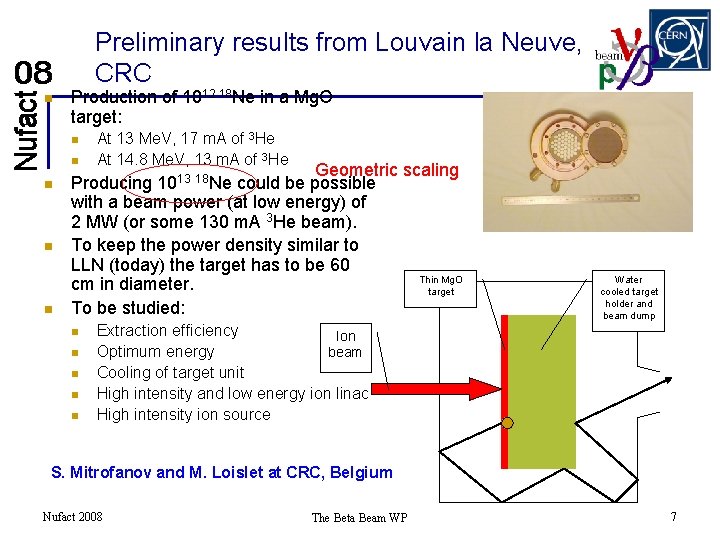 Preliminary results from Louvain la Neuve, CRC n Production of 1012 18 Ne in