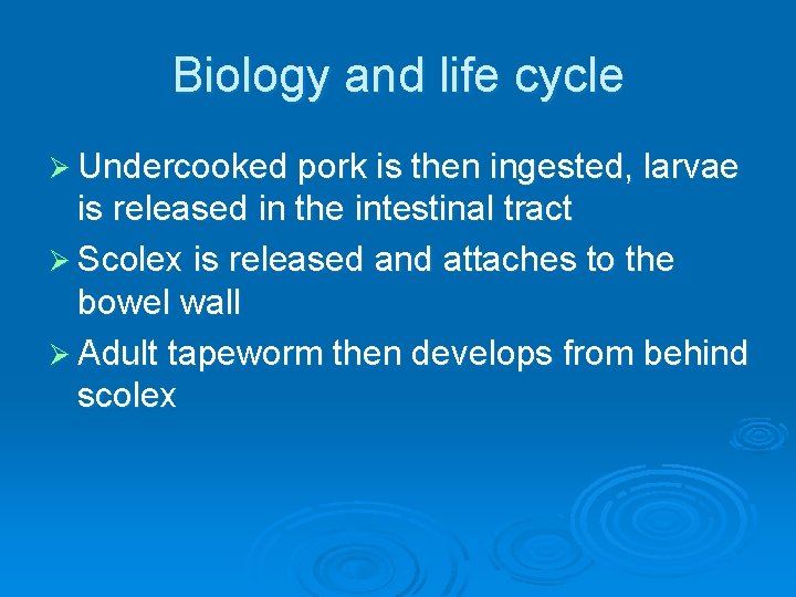 Biology and life cycle Ø Undercooked pork is then ingested, larvae is released in