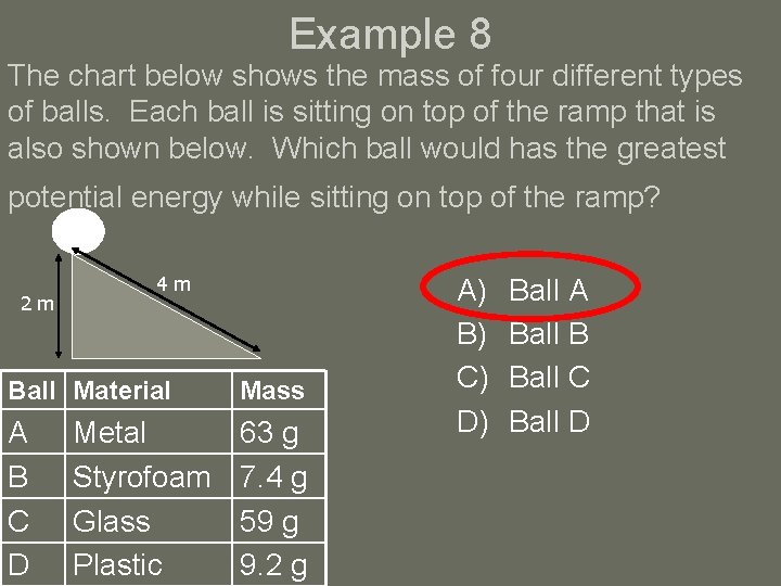 Example 8 The chart below shows the mass of four different types of balls.