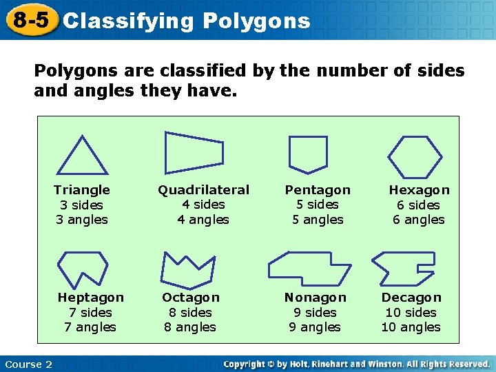8 -5 Classifying Polygons are classified by the number of sides and angles they