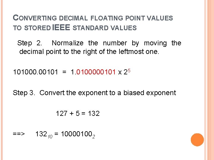 CONVERTING DECIMAL FLOATING POINT VALUES TO STORED IEEE STANDARD VALUES. Step 2. Normalize the