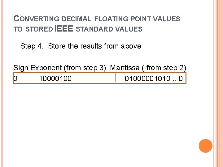 CONVERTING DECIMAL FLOATING POINT VALUES TO STORED IEEE STANDARD VALUES. Step 4. Store the