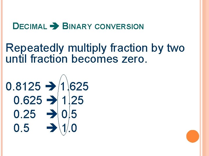 DECIMAL BINARY CONVERSION Repeatedly multiply fraction by two until fraction becomes zero. 0. 8125