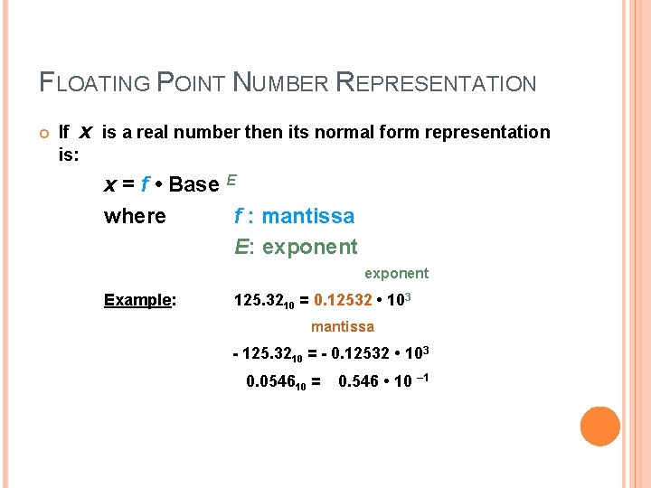 FLOATING POINT NUMBER REPRESENTATION If x is a real number then its normal form