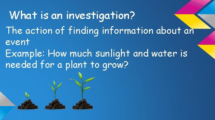 What is an investigation? The action of finding information about an event Example: How