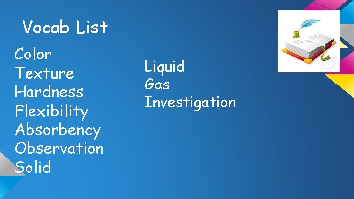 Vocab List Color Texture Hardness Flexibility Absorbency Observation Solid Liquid Gas Investigation 