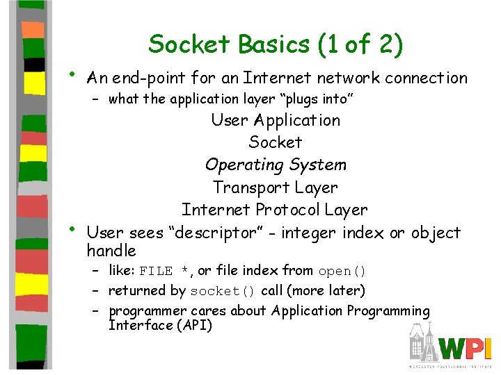  • • Socket Basics (1 of 2) An end-point for an Internet network