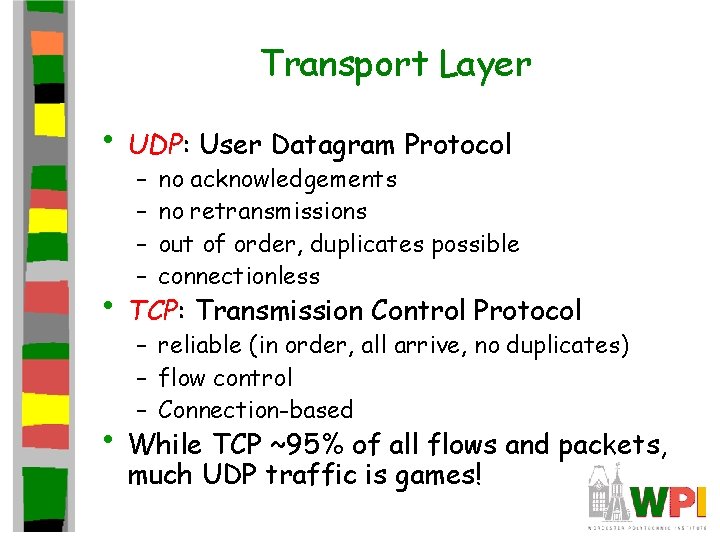 Transport Layer • UDP: User Datagram Protocol – – no acknowledgements no retransmissions out