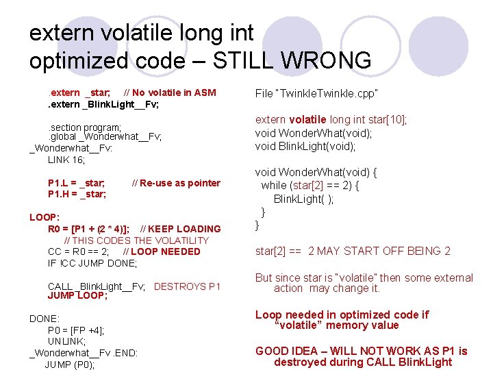 extern volatile long int optimized code – STILL WRONG. extern _star; // No volatile