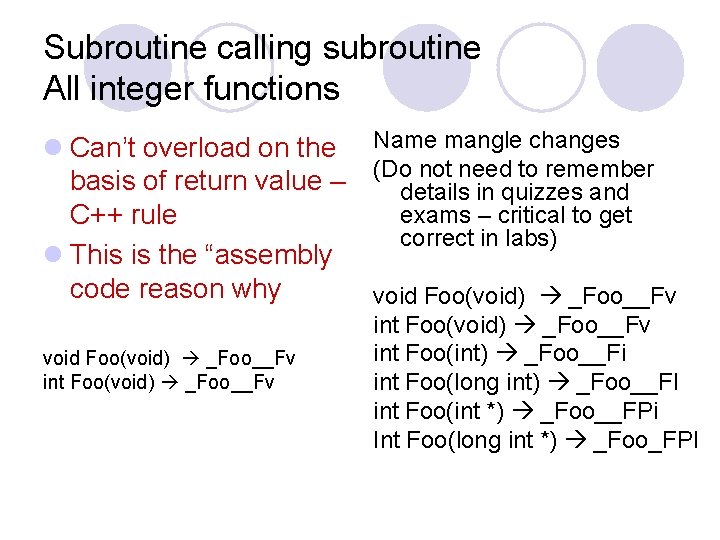 Subroutine calling subroutine All integer functions l Can’t overload on the Name mangle changes