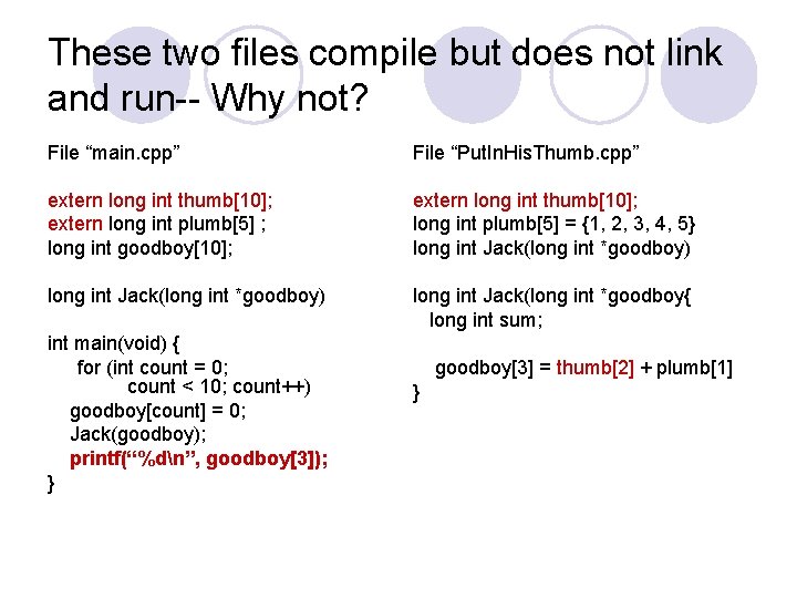 These two files compile but does not link and run-- Why not? File “main.