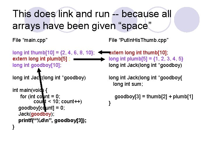 This does link and run -- because all arrays have been given “space” File