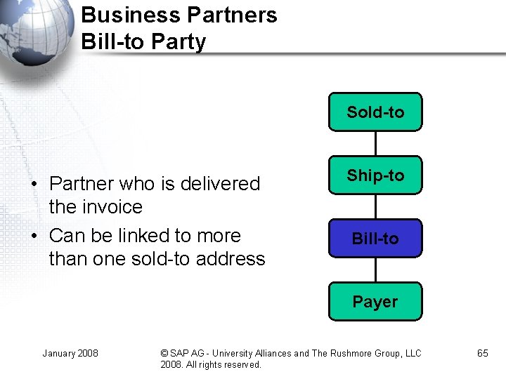 Business Partners Bill-to Party Sold-to • Partner who is delivered the invoice • Can