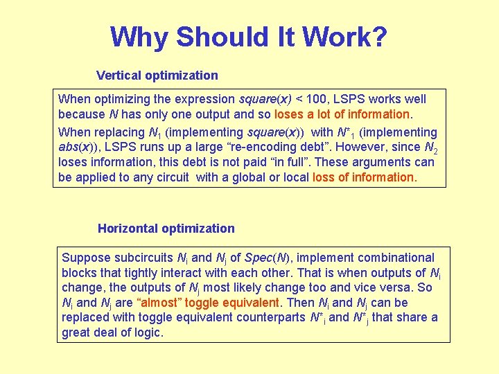 Why Should It Work? Vertical optimization When optimizing the expression square(x) < 100, LSPS