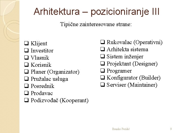 Arhitektura – pozicioniranje III Tipične zainteresovane strane: q Klijent q Investitor q Vlasnik q