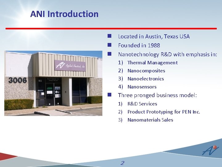 ANI Introduction n Located in Austin, Texas USA n Founded in 1988 n Nanotechnology