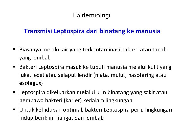 Epidemiologi Transmisi Leptospira dari binatang ke manusia § Biasanya melalui air yang terkontaminasi bakteri