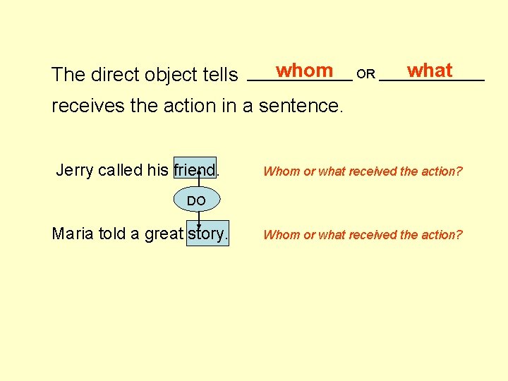The direct object tells whom OR ________ what ________ receives the action in a