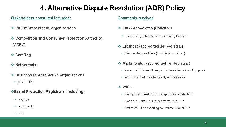 4. Alternative Dispute Resolution (ADR) Policy Stakeholders consulted included: Comments received v PAC representative