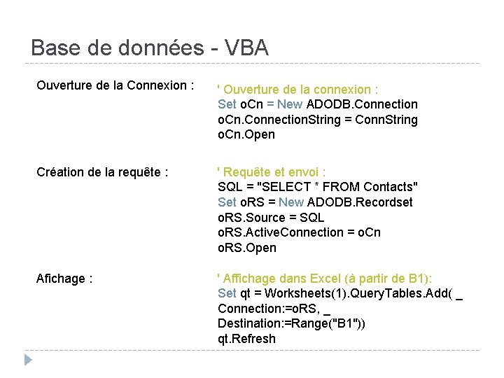 Base de données - VBA Ouverture de la Connexion : ' Ouverture de la